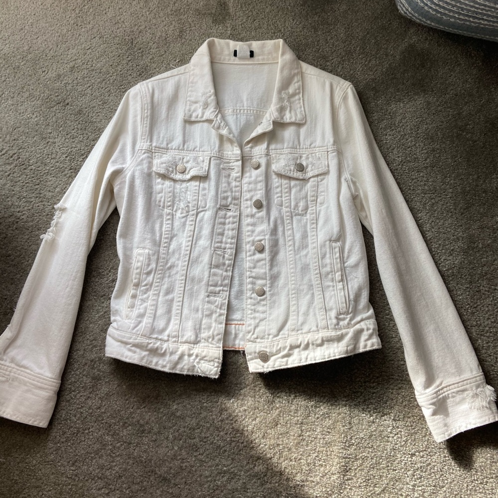 Distressed white J. Crew denim jacket